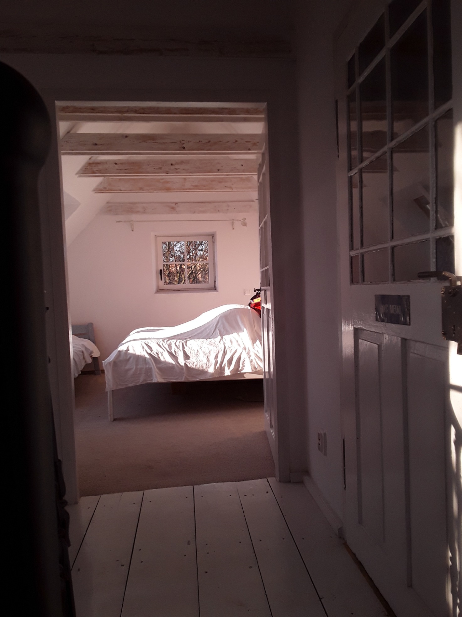 Widok na pokój z łóżkiem przez drzwi z szybami, białe ściany i podłoga, drewniane belki stropowe, okno z widokiem na drzewa.