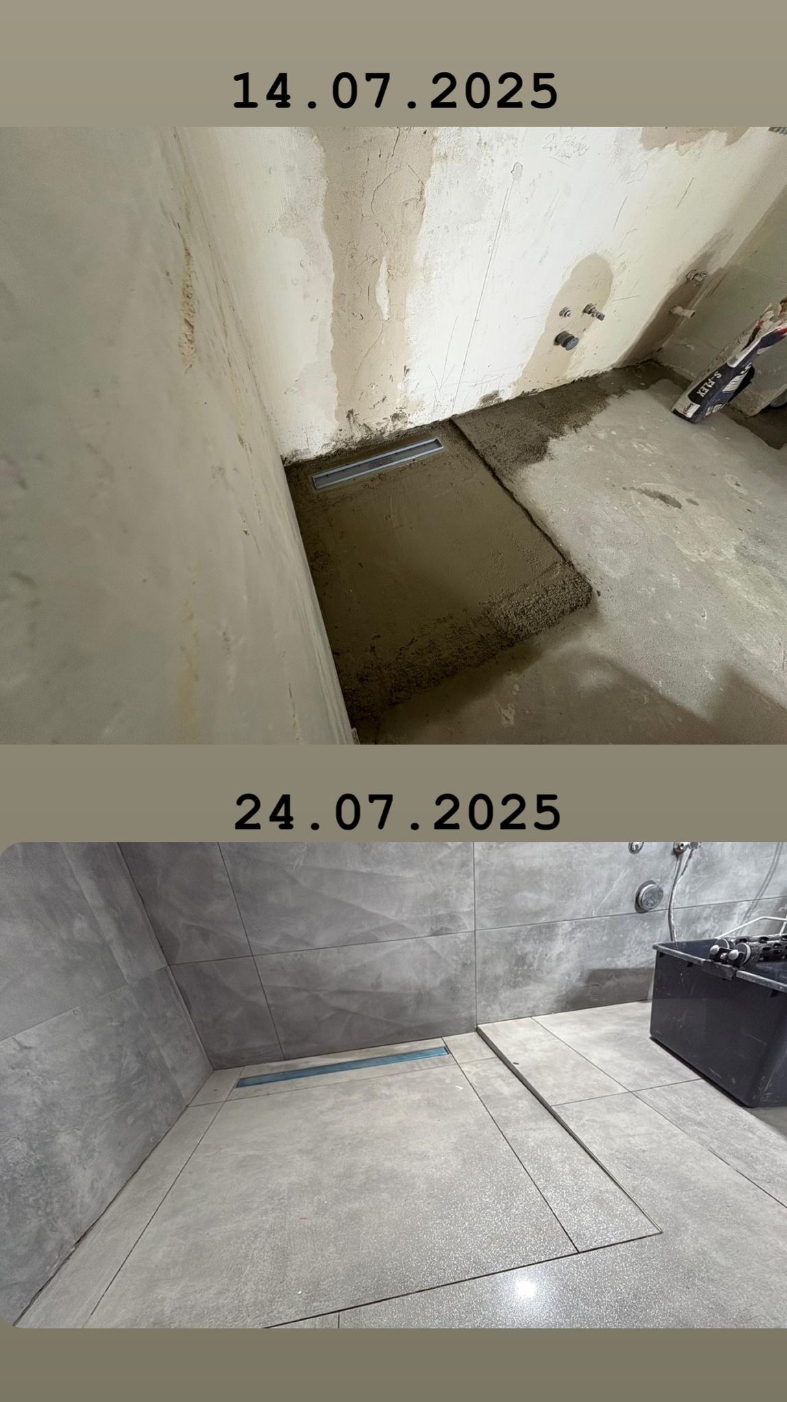 Remont łazienki: widok przed i po ułożeniu szarych płytek podłogowych z odpływem liniowym. Górna część pokazuje wylewkę, dolna - efekt końcowy.