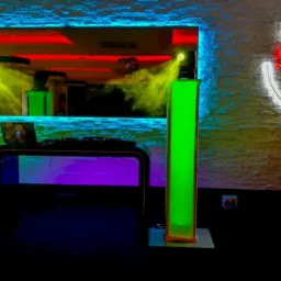 Stanowisko DJ-a z laptopem na stole, otoczone zielonymi kolumnami oświetleniowymi i reflektorami, całość w neonowym oświetleniu wnętrza z logo 'Hotel Soray' na ścianie.