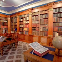 Bogato wyposażona biblioteka z drewnianymi regałami wypełnionymi książkami, drewnianym biurkiem z otwartą księgą i globusem, oraz marmurową podłogą.