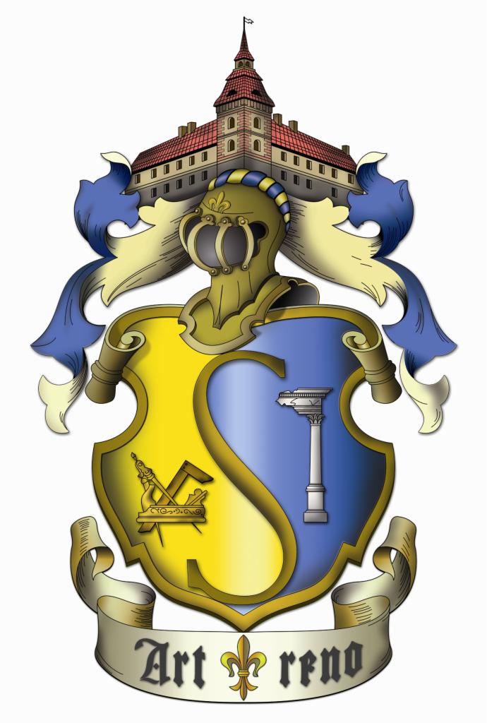 Ilustracja herbu z budynkiem na szczycie, hełmem rycerskim, kolumną i narzędziami stolarskimi na tarczy podzielonej na żółtą i niebieską część, z napisem 'Art reno' na wstędze.