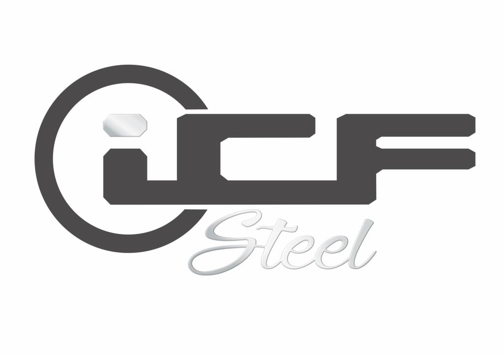 Logo firmy ICF Steel z ciemnoszarym symbolem i srebrnym napisem Steel na białym tle.