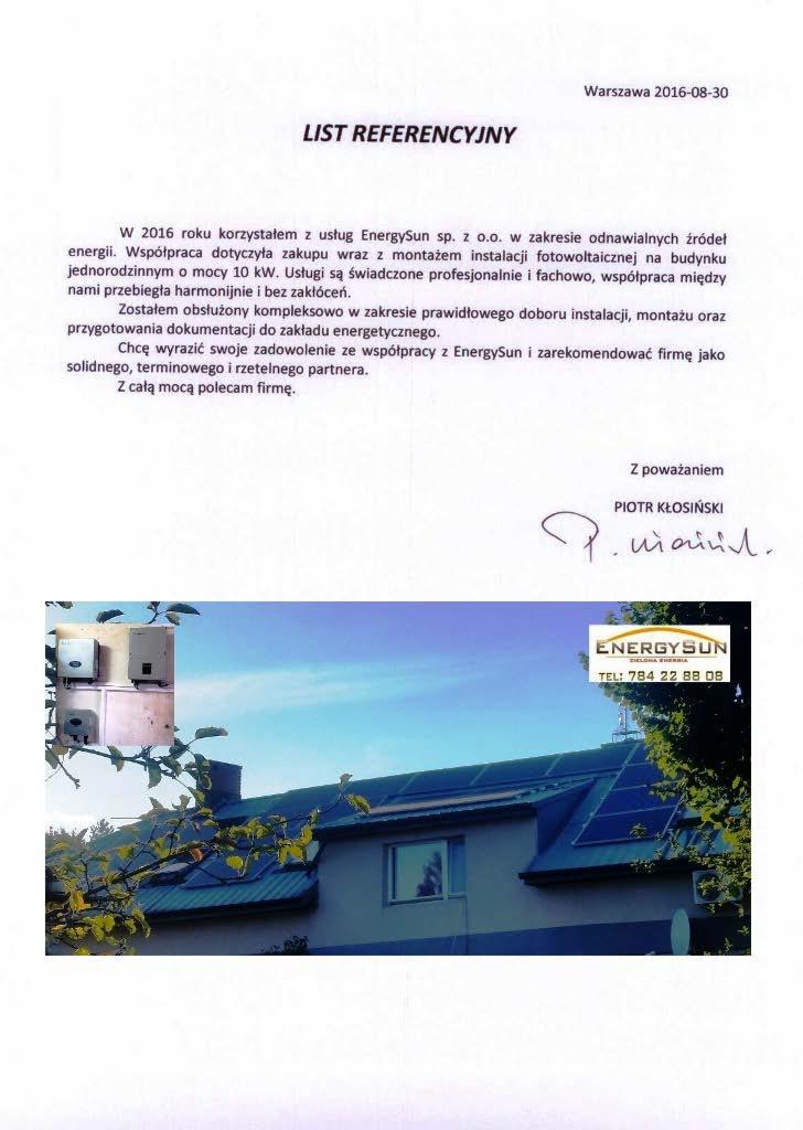 Skan listu referencyjnego z 2016 roku dla firmy EnergySun, dotyczący montażu instalacji fotowoltaicznej na budynku jednorodzinnym o mocy 10kW, z widocznym fragmentem dachu budynku z panelami...