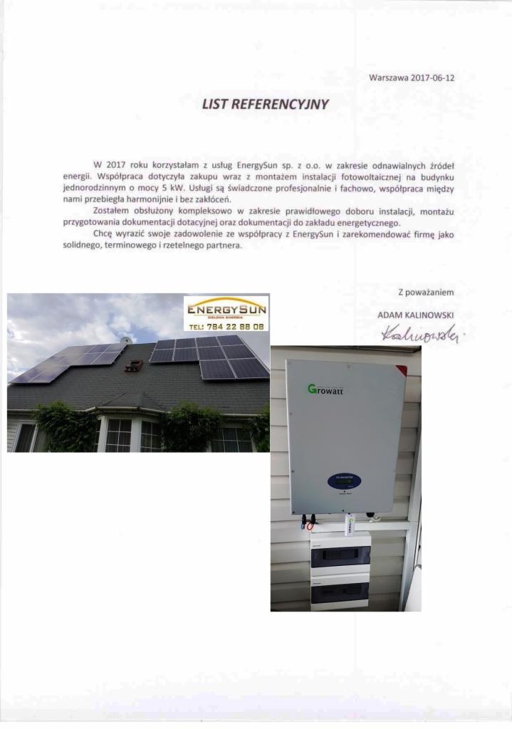 Skan listu referencyjnego z 2017 roku, potwierdzającego montaż instalacji fotowoltaicznej o mocy 5kW przez EnergySun sp. z o.o., wraz ze zdjęciem paneli na dachu domu i falownika Growatt.