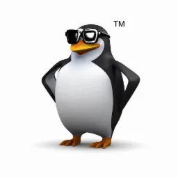 Kresk&oacute;wkowy pingwin z czarno-białym upierzeniem, pomarańczowym dziobem i stopami, noszący czarne, kwadratowe okulary przeciwsłoneczne, stojący na białym tle z rękami opartymi na biodrach i znakiem...