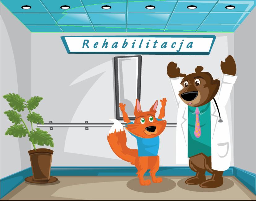 Ilustracja przedstawiająca lisa i niedźwiedzia w strojach, symbolizujących rehabilitację, z napisem 'Rehabilitacja' nad nimi, w jasnym, uproszczonym stylu graficznym.