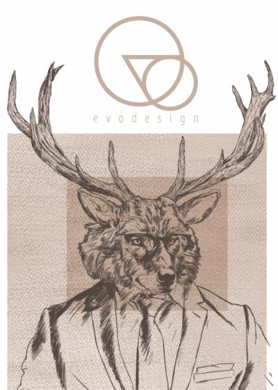 Ilustracja przedstawiająca antropomorficzną postać: głowę jelenia z okularami i w garniturze, nad nią logo 'evodesign' z elementami geometrycznymi, tło w odcieniach beżu, grafika w stylu vintage...