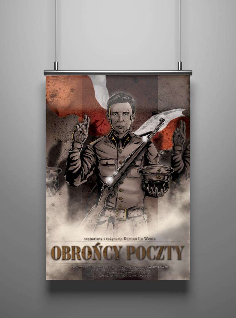 Plakat filmu 'Obrońcy Poczty' przedstawiający żołnierza z karabinem na tle polskiej flagi w stylistyce komiksowej, zawieszony na ścianie.