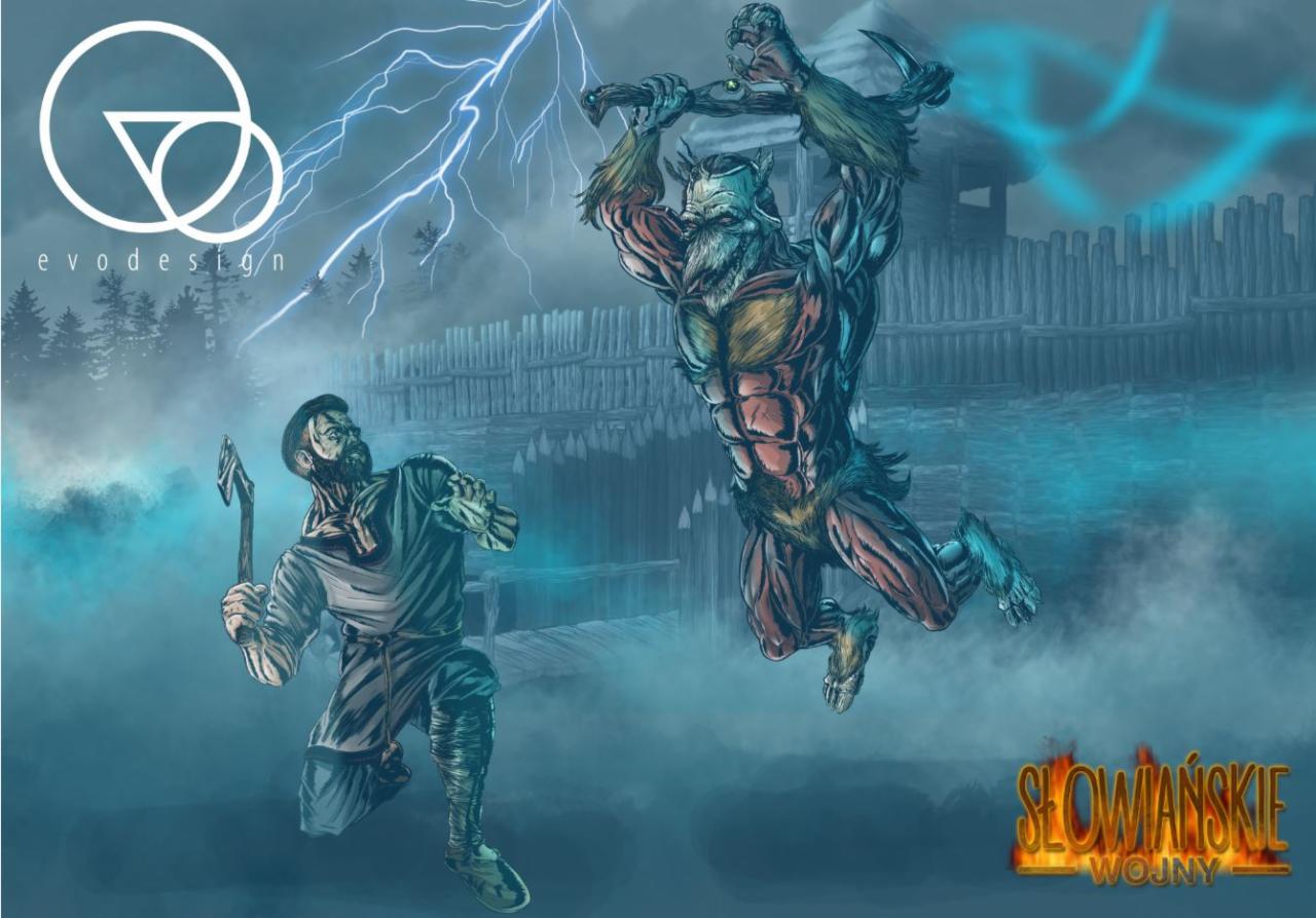 Ilustracja cyfrowa przedstawiająca dwóch wojowników w starciu, jeden z nich to potężny wilkołak z toporem, na tle wioski i błyskawic, z logo 'evodesign' w lewym górnym rogu i napisem 'Słowiańskie...