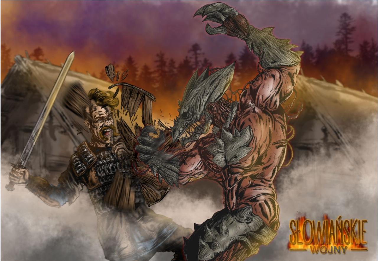 Ilustracja cyfrowa przedstawiająca walkę kozaka z potworem na tle zniszczonej chaty i lasu podczas zachodu słońca, z napisem 'Słowiańskie Wojny' w dolnym rogu.