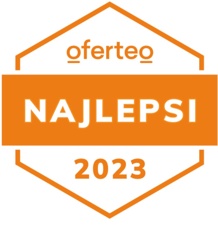 Pomarańczowy emblemat Oferteo z napisem 'NAJLEPSI 2023' wewnątrz sześciokątnego obrysu.