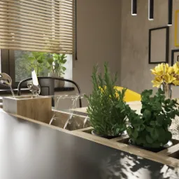 Wnętrze kuchni z blatem z wbudowanymi donicami z ziołami i kwiatami, widok z perspektywy blatu, w tle okno z żaluzjami i dekoracyjne ramy na ścianie.