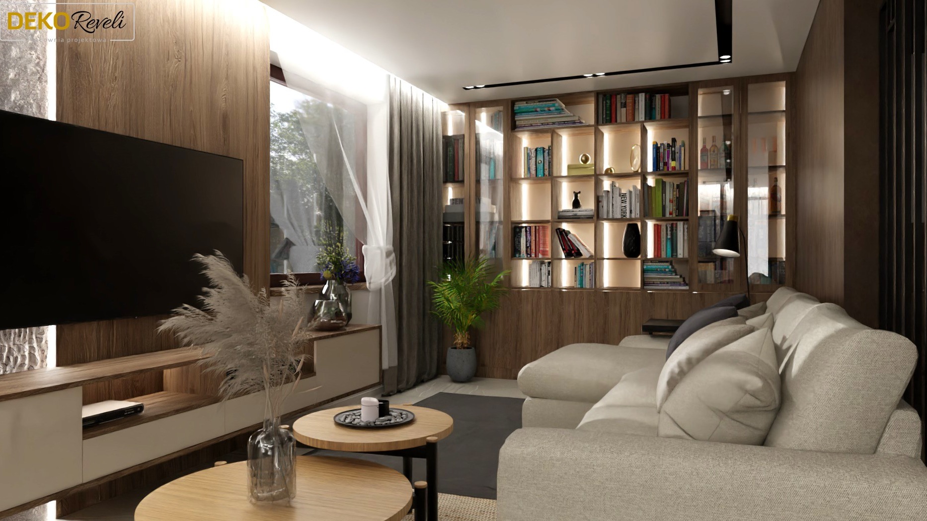 Wizualizacja salonu z drewnianą zabudową TV, podświetlanymi półkami z książkami, beżową sofą i okrągłymi stolikami kawowymi z dekoracjami.