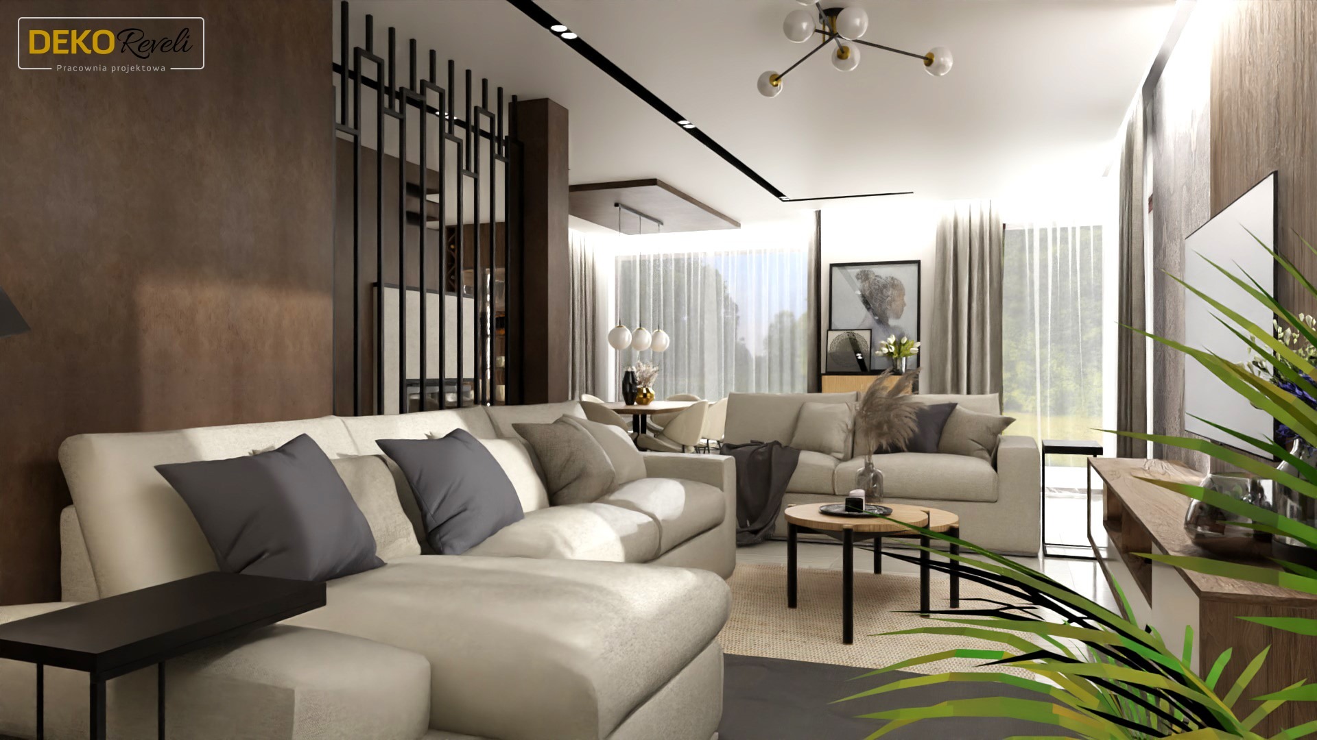 Wizualizacja salonu w neutralnych barwach z beżową sofą, szarymi poduszkami, okrągłym stolikiem kawowym i dekoracyjną ścianką działową z czarnych prętów.