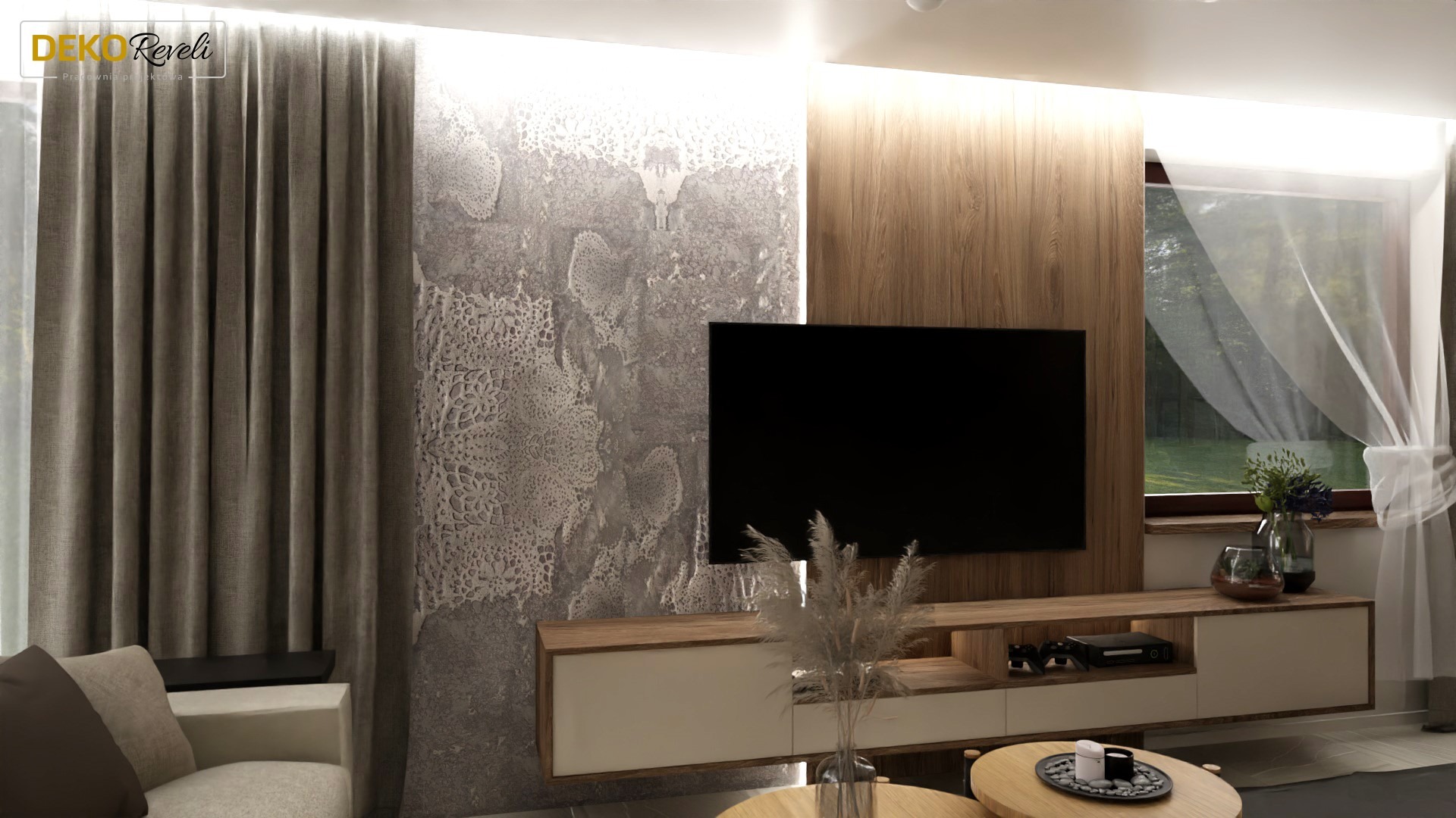 Nowoczesny salon z telewizorem na ścianie o unikalnej fakturze, drewnianą zabudową, jasną sofą i okrągłymi stolikami kawowymi, oświetlony listwami LED.