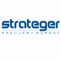 Niebieskie logo firmy 'strateger' z hasłem 'KREUJEMY WZROST' na białym tle.