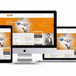 Responsywna strona internetowa na urządzeniach: smartfon, tablet, monitor i laptop, z motywem HR dla biznesu i wizerunkiem skaczącego mężczyzny w garniturze.