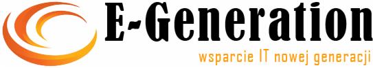 Logo firmy E-Generation z trzema pomarańczowymi półokręgami po lewej stronie i czarnym napisem 'E-Generation' nad złotym hasłem 'wsparcie IT nowej generacji'.
