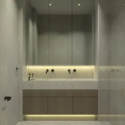 Minimalistyczna łazienka z podświetlanym lustrem, umywalką z szarego lastryko i drewnianymi szafkami, oświetlona taśmą LED u dołu, z dozownikami mydła na blacie.