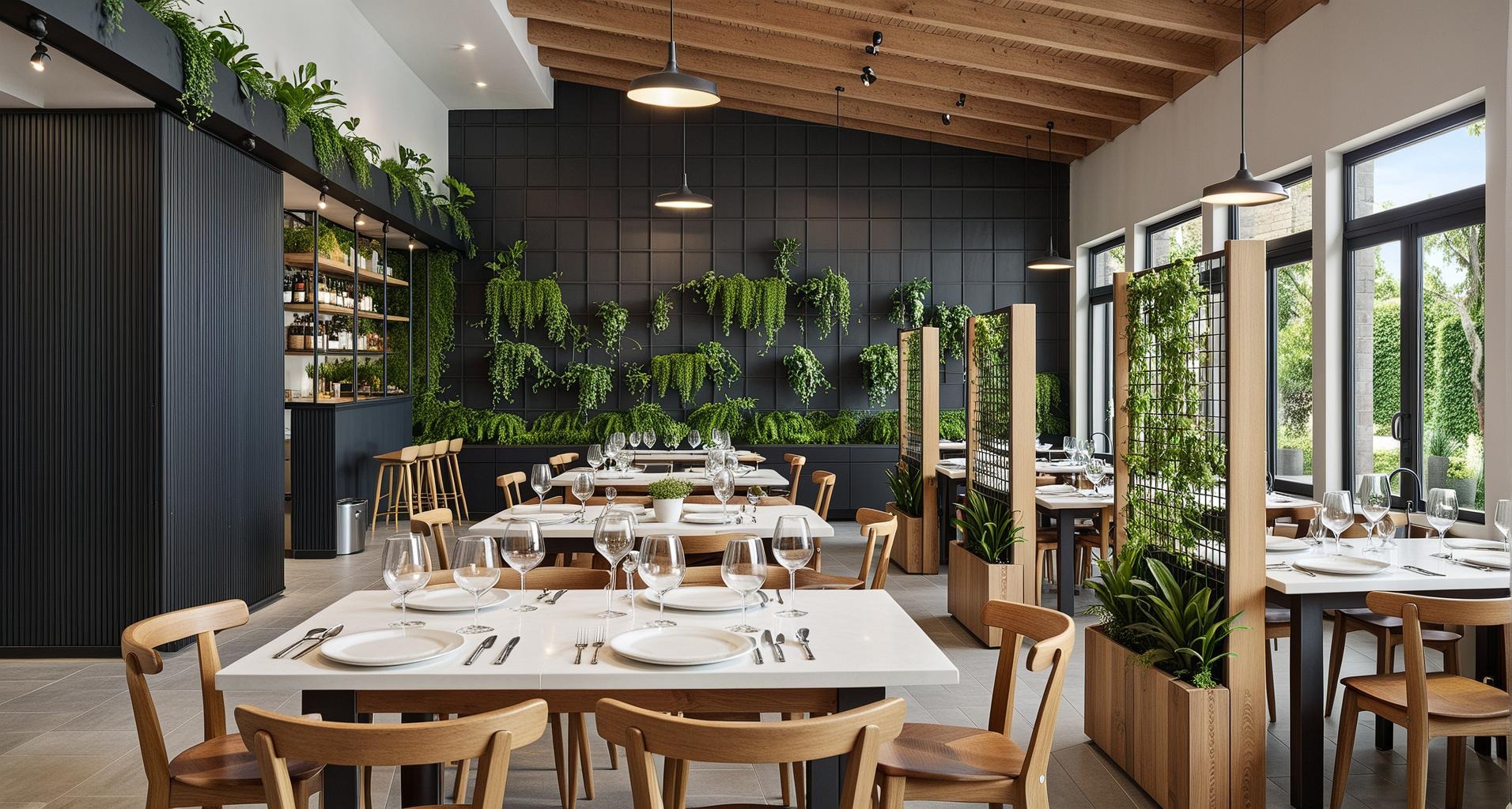 Eleganckie wnętrze restauracji z drewnianym sufitem, czarną ścianą z roślinami i białymi stołami nakrytymi do posiłku, oświetlone wiszącymi lampami.