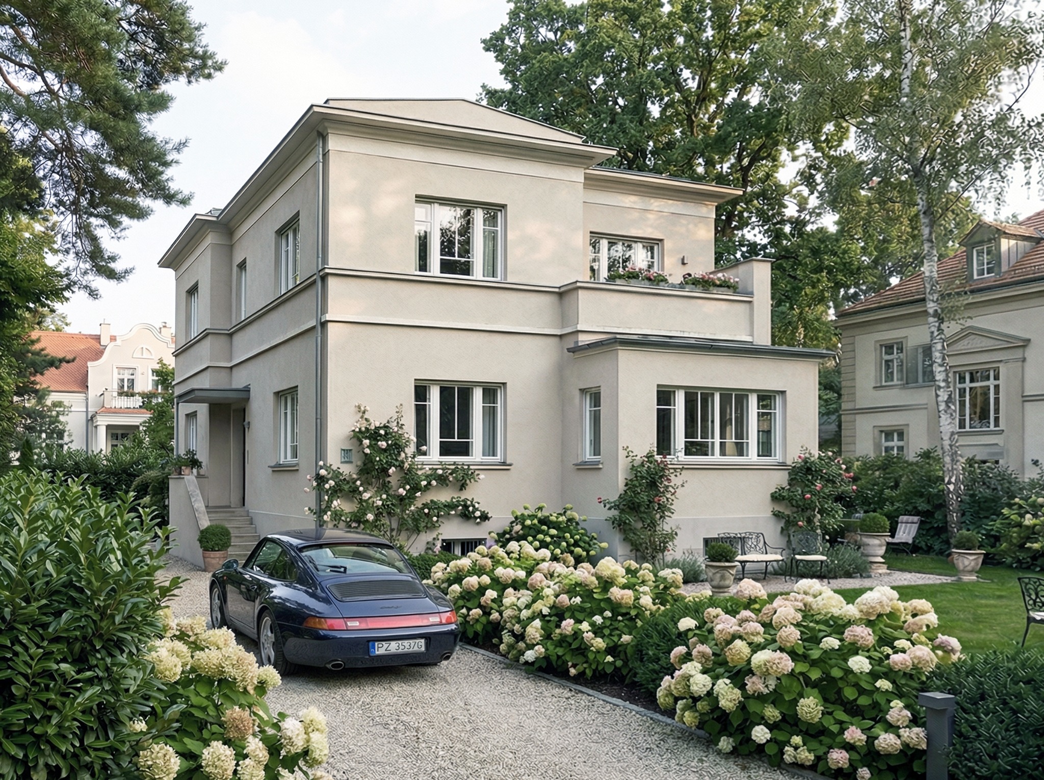 Elegancki, dwupiętrowy dom z beżową elewacją, otoczony kwitnącymi hortensjami i zadbanym ogrodem. Na podjeździe zaparkowany granatowy samochód sportowy.