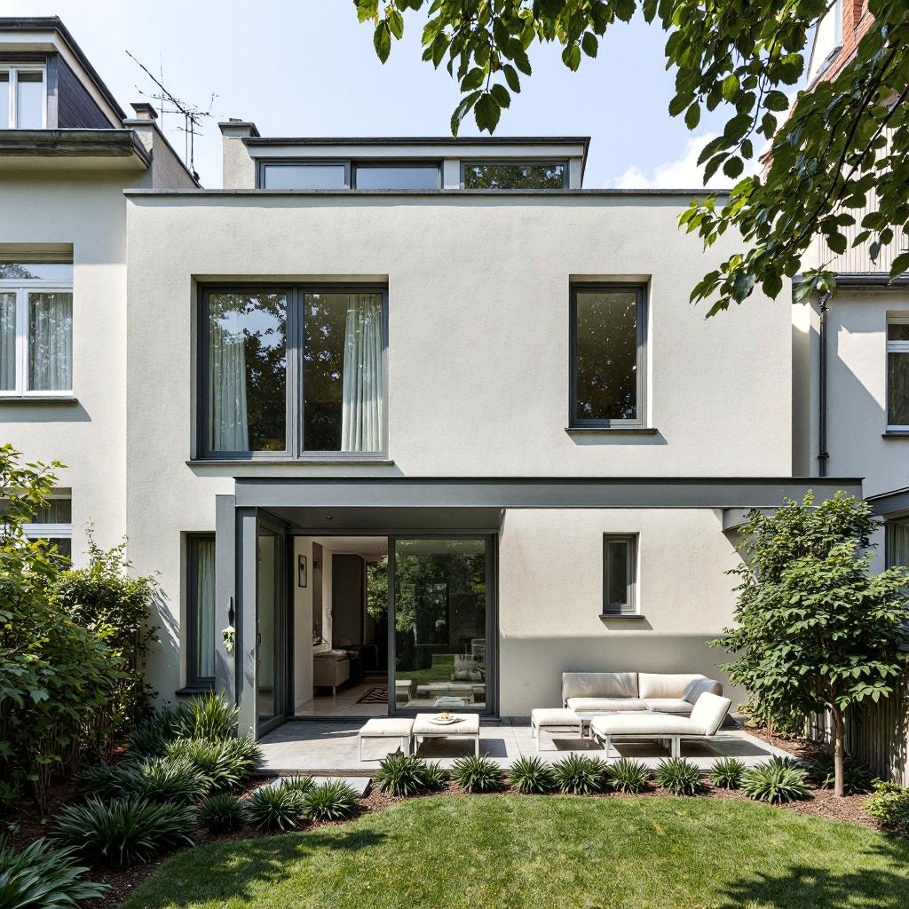 Nowoczesna elewacja domu z dużymi oknami i tarasem z meblami ogrodowymi, otoczona zielenią. Minimalistyczny design, jasna kolorystyka, widok z ogrodu.