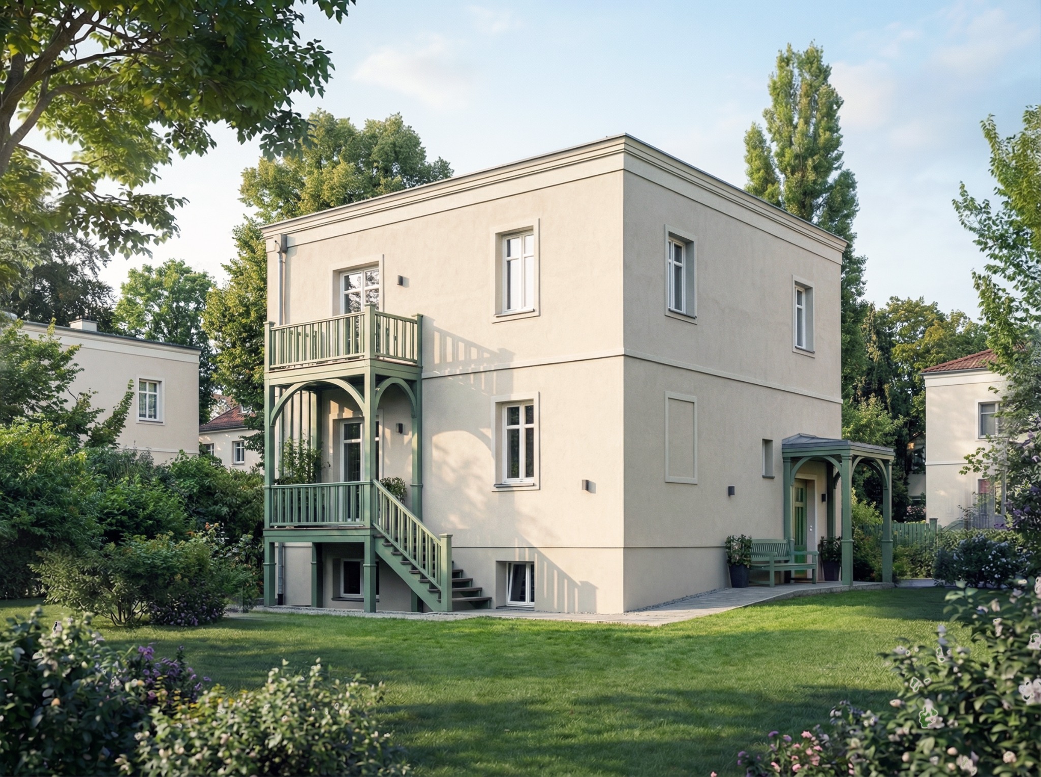 Elewacja dwukondygnacyjnego domu z zielonymi akcentami: balkonem i zadaszeniem nad wejściem, otoczona zielenią. Jasna fasada, regularne okna, spokojna okolica.