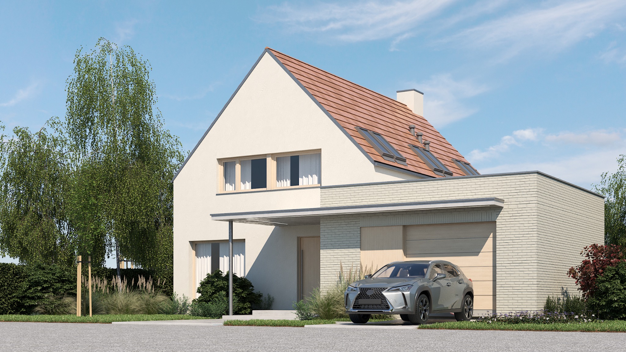 Nowoczesny dom jednorodzinny z garażem i podjazdem, jasna elewacja, dach z dachówki, szary samochód na podjeździe, zieleń w tle, błękitne niebo.