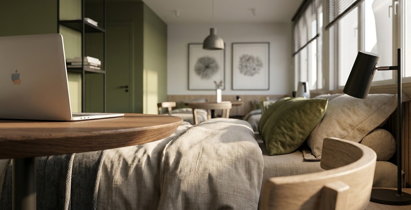 Stylowe wnętrze pokoju dziennego z biurkiem i laptopem Apple, stonowana kolorystyka, naturalne światło, minimalistyczne dekoracje ścienne, drewniane meble.