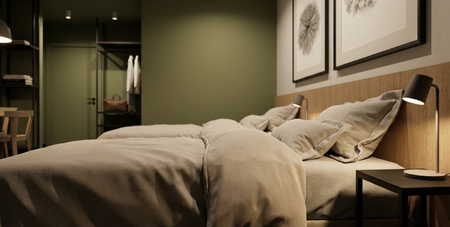 Nowoczesna sypialnia z dwoma łóżkami, drewnianym zagłówkiem i minimalistycznymi lampkami nocnymi. Na ścianie wiszą czarno-białe grafiki w ramkach.