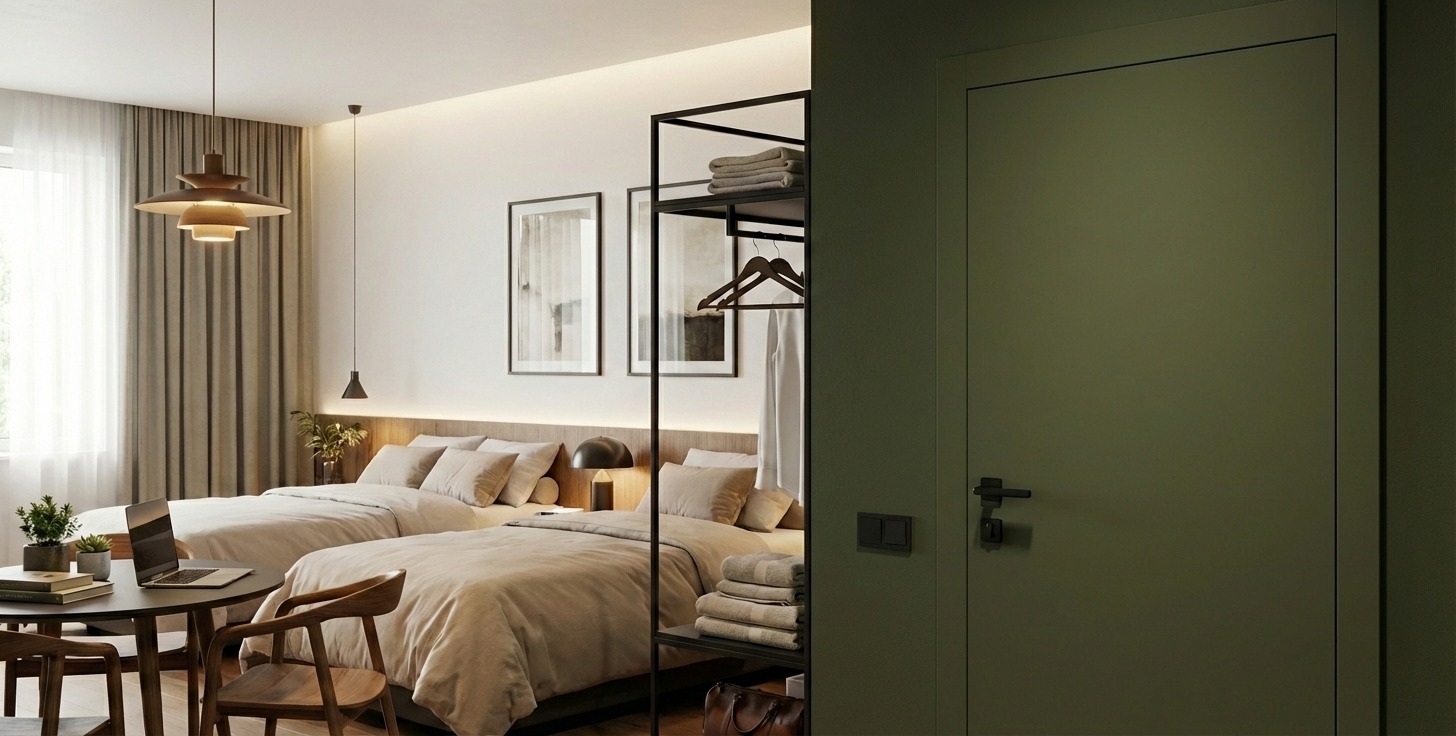 Nowoczesna sypialnia z dwoma łóżkami, stolikiem z laptopem i minimalistycznym regałem na ręczniki, oświetlona ciepłym światłem, z zielonymi drzwiami w tle.