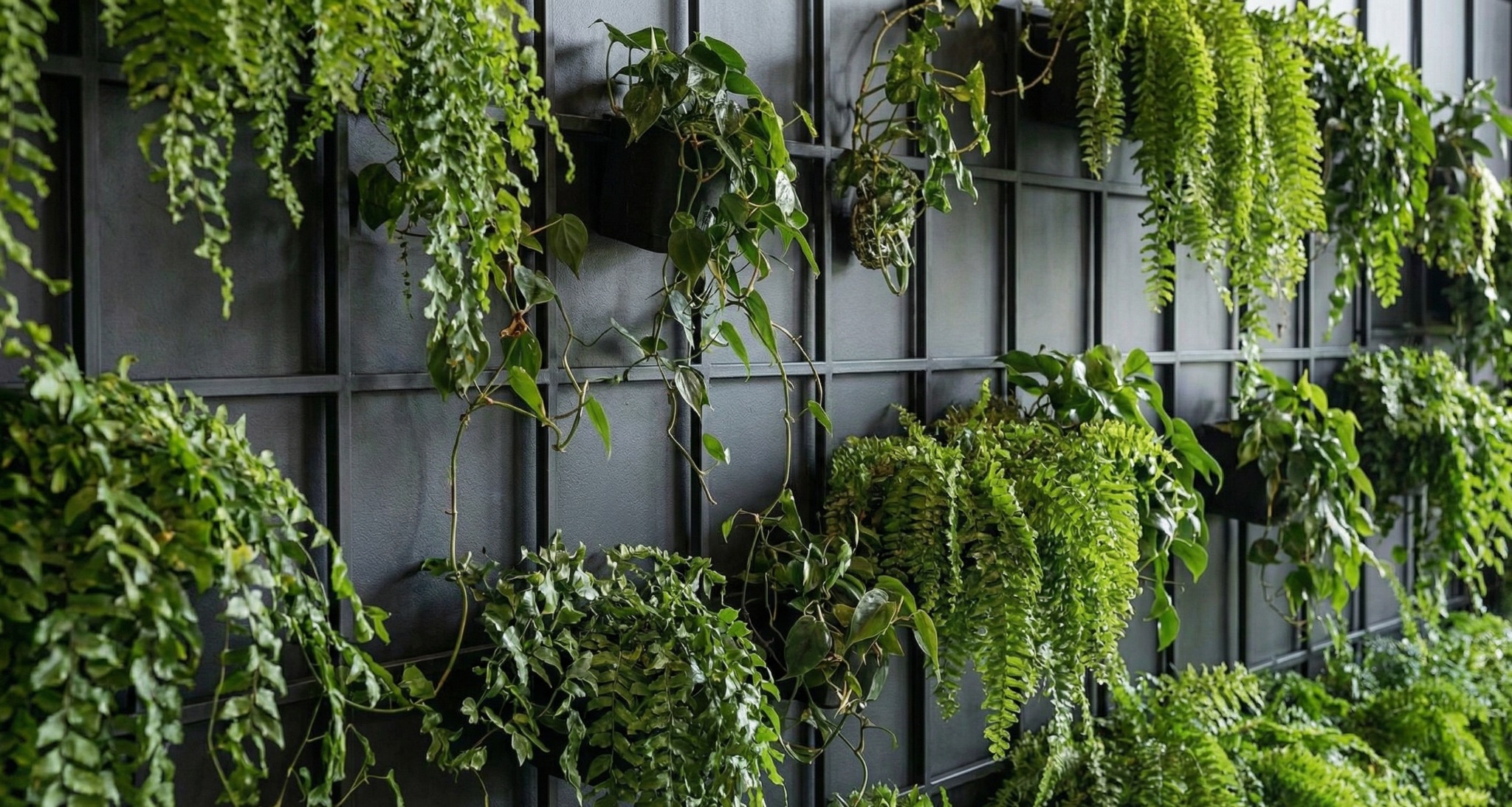 Ściana z roślin w doniczkach, tworząca zieloną kompozycję na tle ciemnej, metalowej kraty. Różne gatunki paproci i pnączy, oświetlone naturalnym światłem.