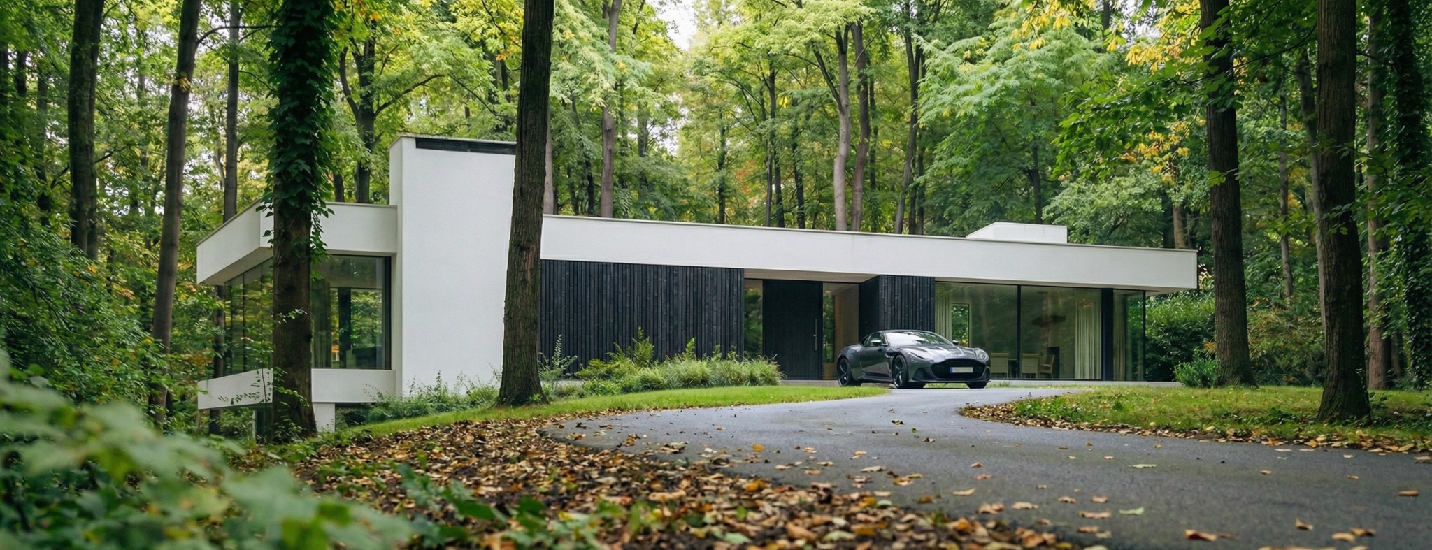Nowoczesny dom jednorodzinny z płaskim dachem, czarną elewacją i dużymi przeszkleniami, otoczony lasem. Na podjeździe stoi szary samochód sportowy.