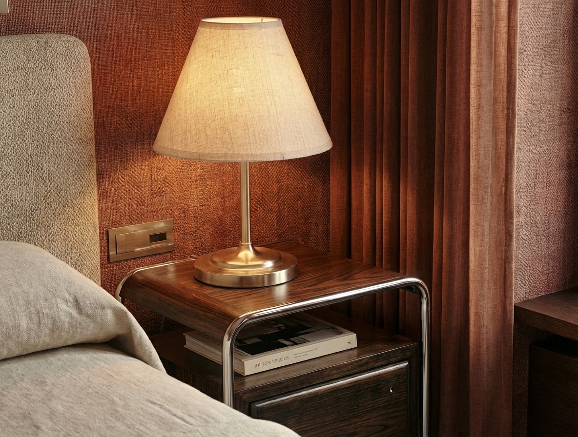 Stylowa sypialnia z lampką nocną na drewnianym stoliku, książka pod spodem. Beżowa pościel i zasłony w odcieniach brązu tworzą przytulną atmosferę.