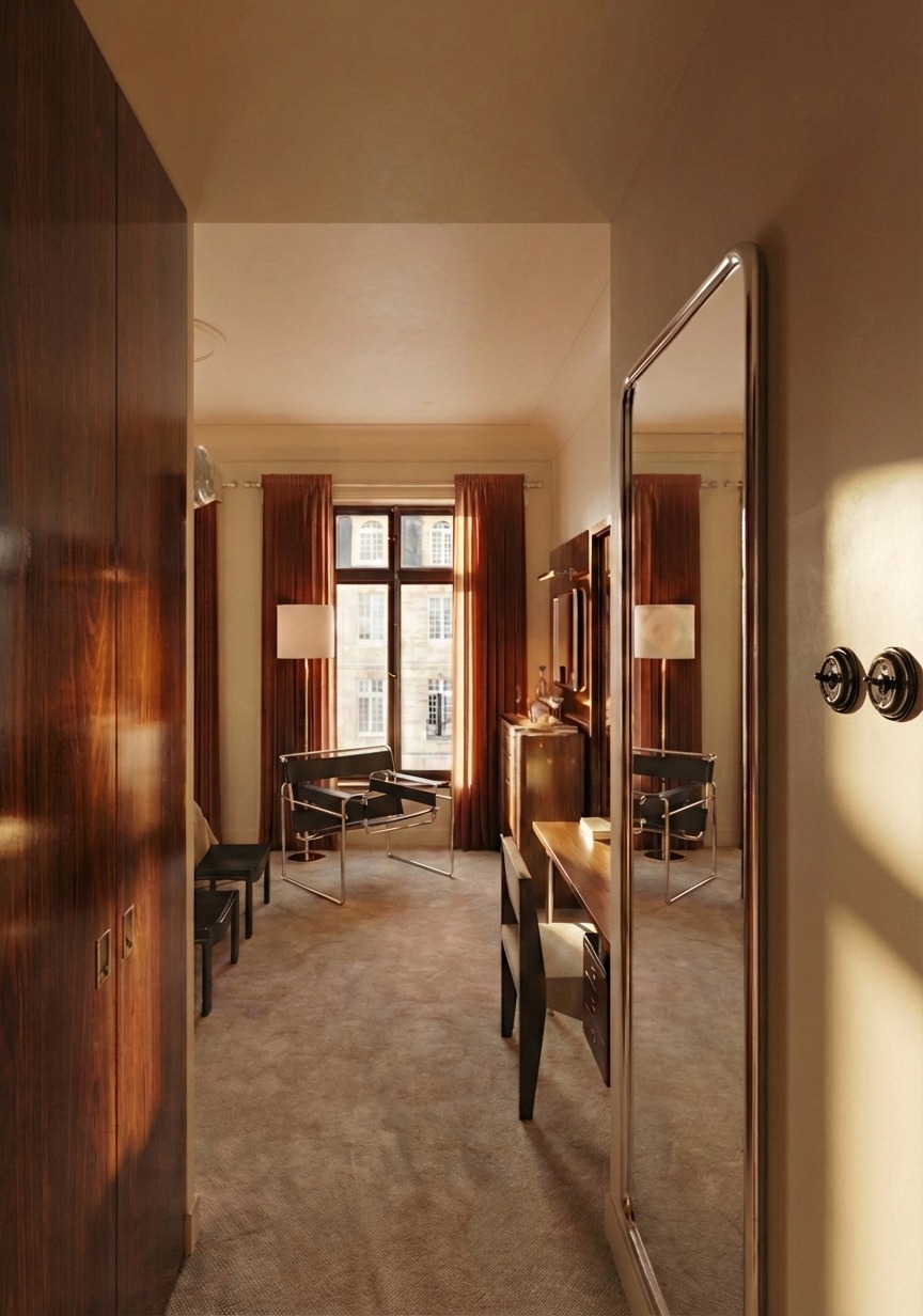 Eklektyczne wnętrze pokoju z biurkiem, krzesłem i szafą z ciemnego drewna, widziane przez lustro. Okno z widokiem na budynek w tle. Ciepłe oświetlenie.