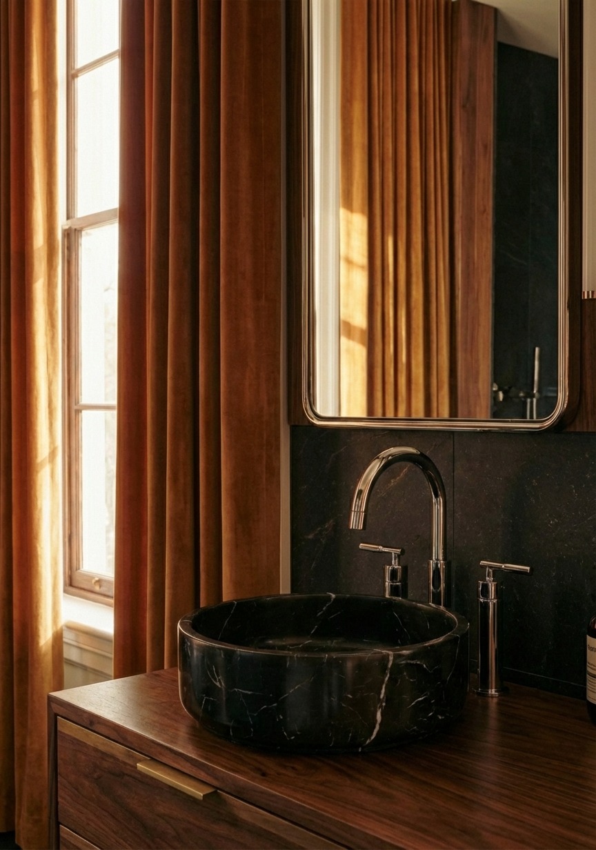 Stylowa łazienka z umywalką z czarnego marmuru, chromowaną armaturą i zasłonami w odcieniach brązu. Lustro z zaokrąglonymi rogami odbija wnętrze.