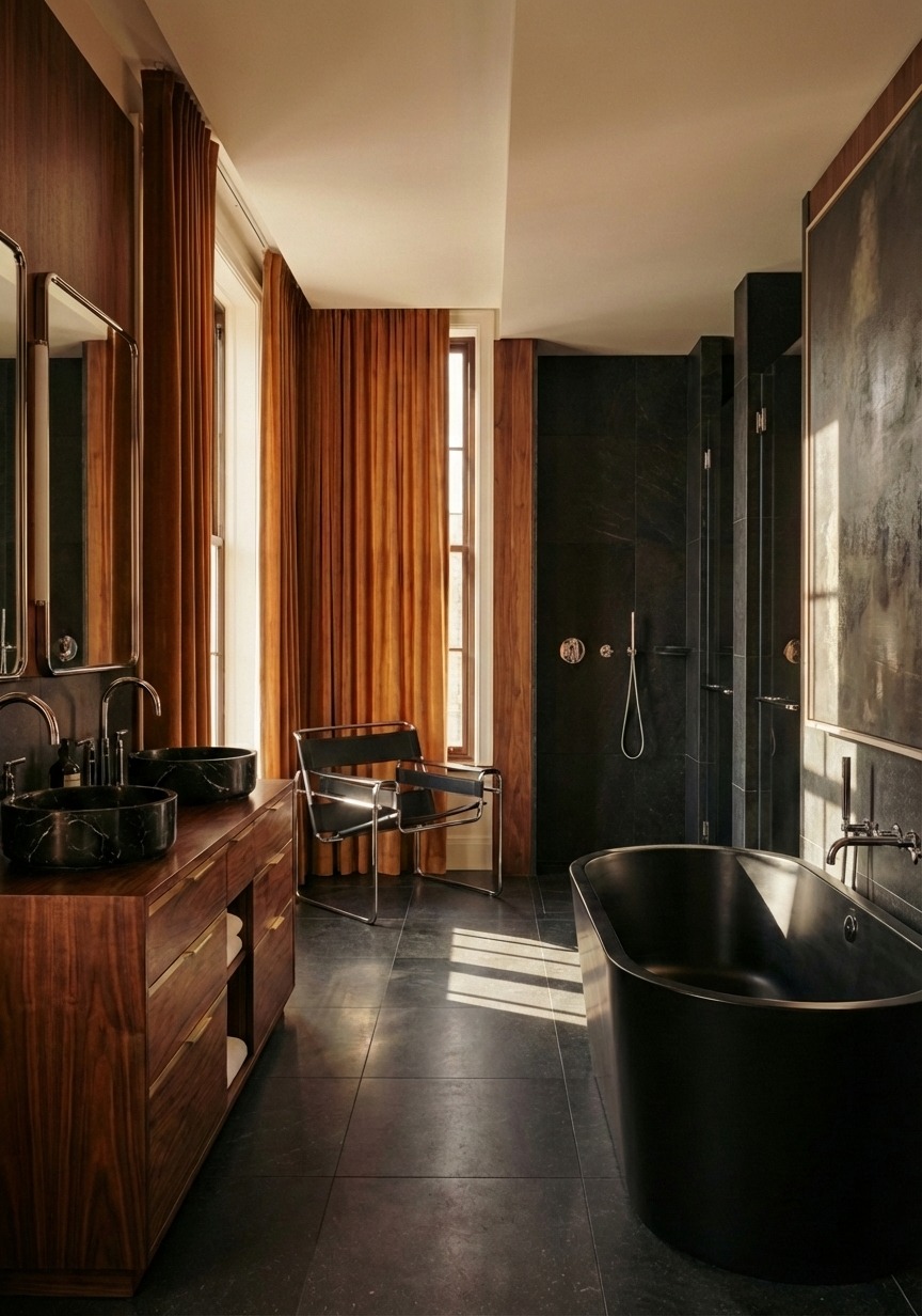 Elegancka łazienka z drewnianą szafką pod umywalki z marmurowymi misami, czarną wanną i kabiną prysznicową. Okno z pomarańczowymi zasłonami i krzesło.