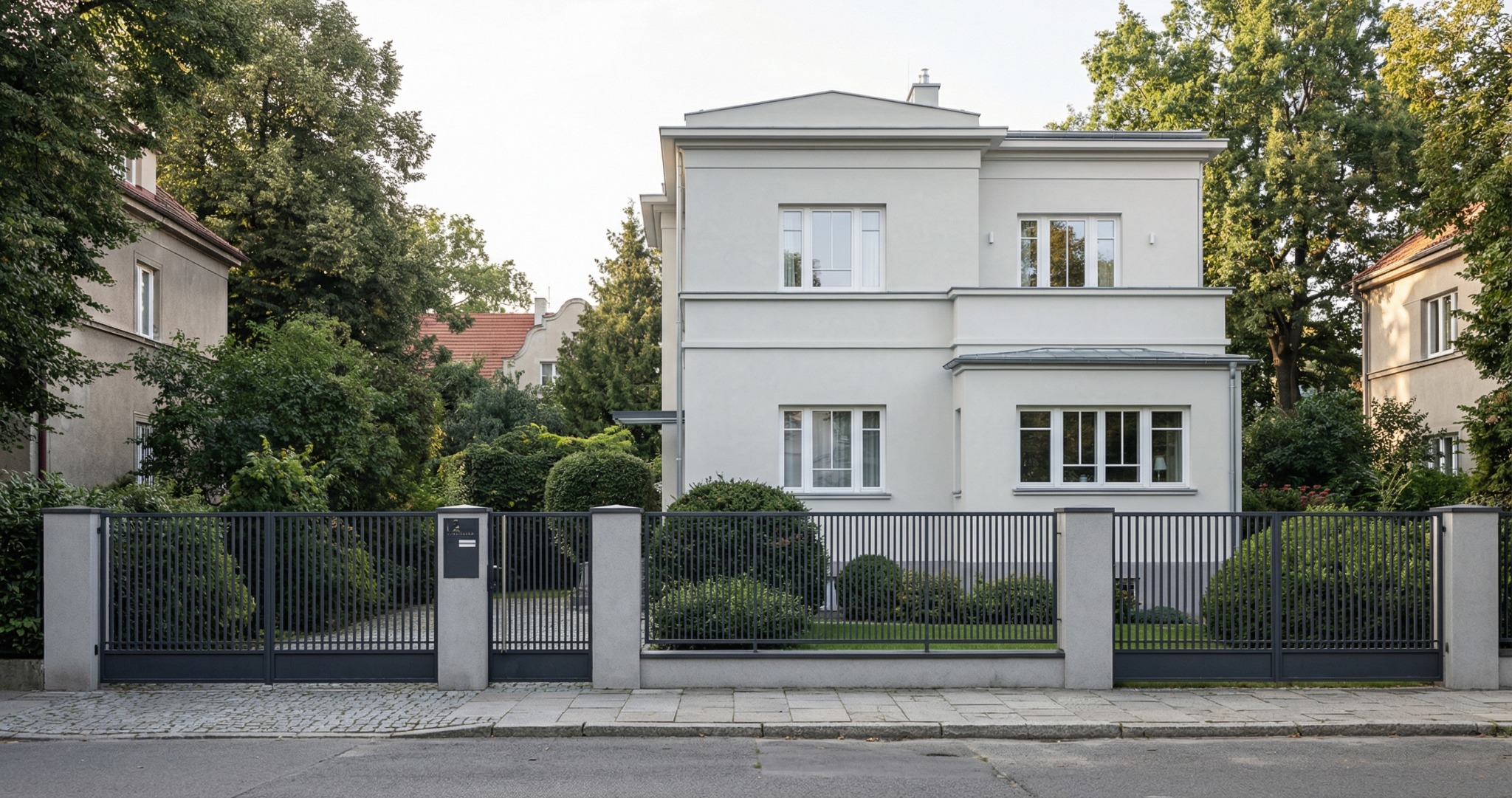 Elewacja dwukondygnacyjnego domu w jasnej kolorystyce, z ciemnym, metalowym ogrodzeniem i zadbaną zielenią. Widok z poziomu ulicy, w słoneczny dzień.