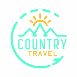 Kolorowe logo firmy turystycznej z motywem gór i słońca, otoczone turkusowym okręgiem z przerwami, nazwa firmy 'COUNTRY TRAVEL'.