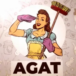 Ilustracja w stylu pop-art przedstawiająca uśmiechniętą kobietę w różowych rękawicach i fartuchu, trzymającą czerwoną szczotkę do zamiatania, nad napisem 'AGAT usługi sprzątania' na tle zarysów...