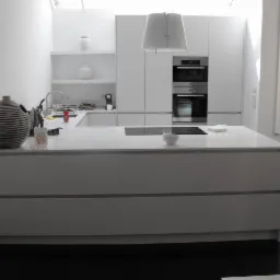 Jasna kuchnia z białymi szafkami, wyspą z blatem z konglomeratu, czarną podłogą i dekoracją w postaci grafiki przedstawiającej łyżkę na ścianie.