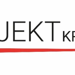 Logo firmy Projekt Krosno w czarnym kolorze z czerwoną linią pod napisem, na białym tle.