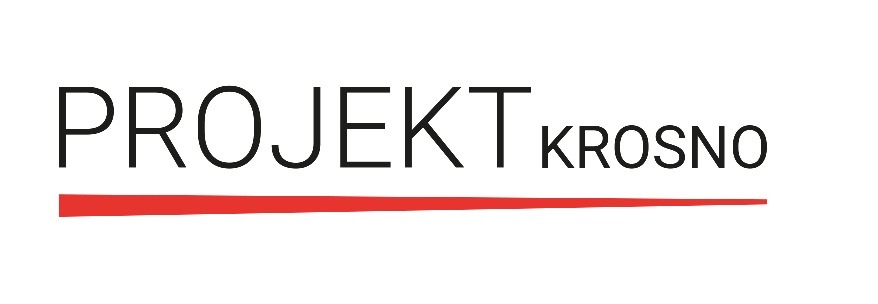Logo firmy Projekt Krosno w czarnym kolorze z czerwoną linią pod napisem, na białym tle.