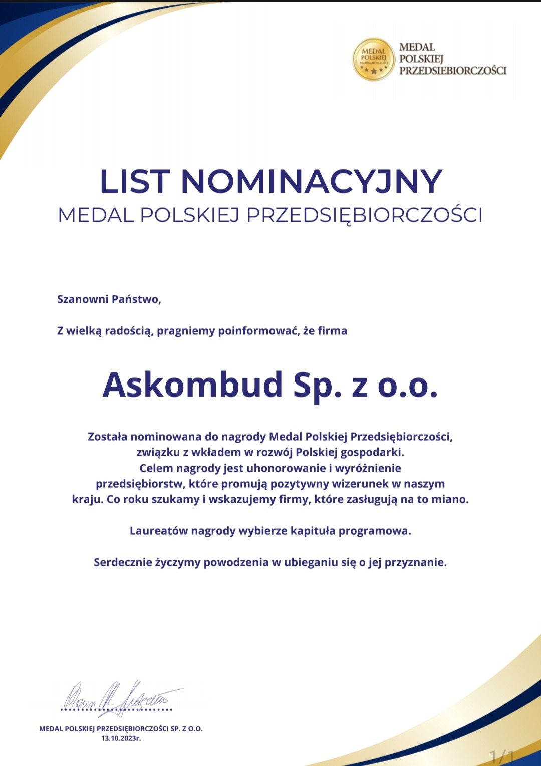 List nominacyjny do nagrody Medal Polskiej Przedsiębiorczości dla firmy Askombud Sp. z o.o. z datą 13.10.2023.