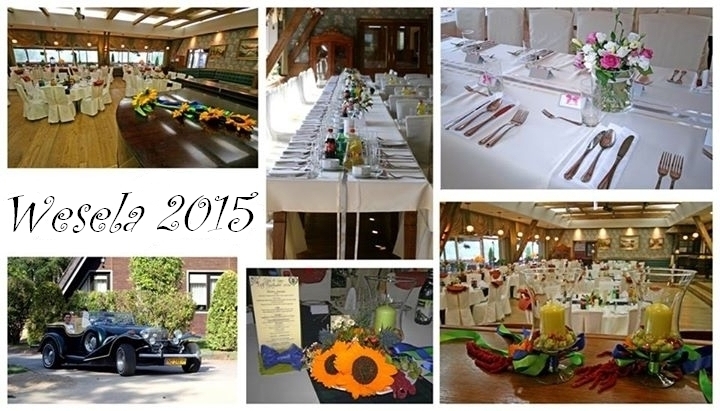 Kolaż zdjęć z dekoracji sali weselnej, stołów z nakryciami, kwiatów, samochodu retro i napisu 'Wesela 2015'.