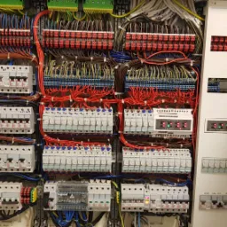 Otwarta skrzynka elektryczna z licznymi bezpiecznikami, przewodami w kolorach: czerwonym, niebieskim, żółtym i zielonym, oraz modułami sterującymi z diodami LED, widoczne oznaczenia na obudowie.