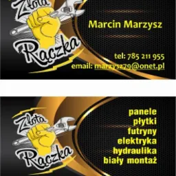 Wizytówka firmy remontowo-budowlanej z logo 'Złota Rączka', przedstawiająca dłoń trzymającą klucz francuski oraz informacje kontaktowe i zakres usług: panele, płytki, futryny, elektryka, hydraulika...