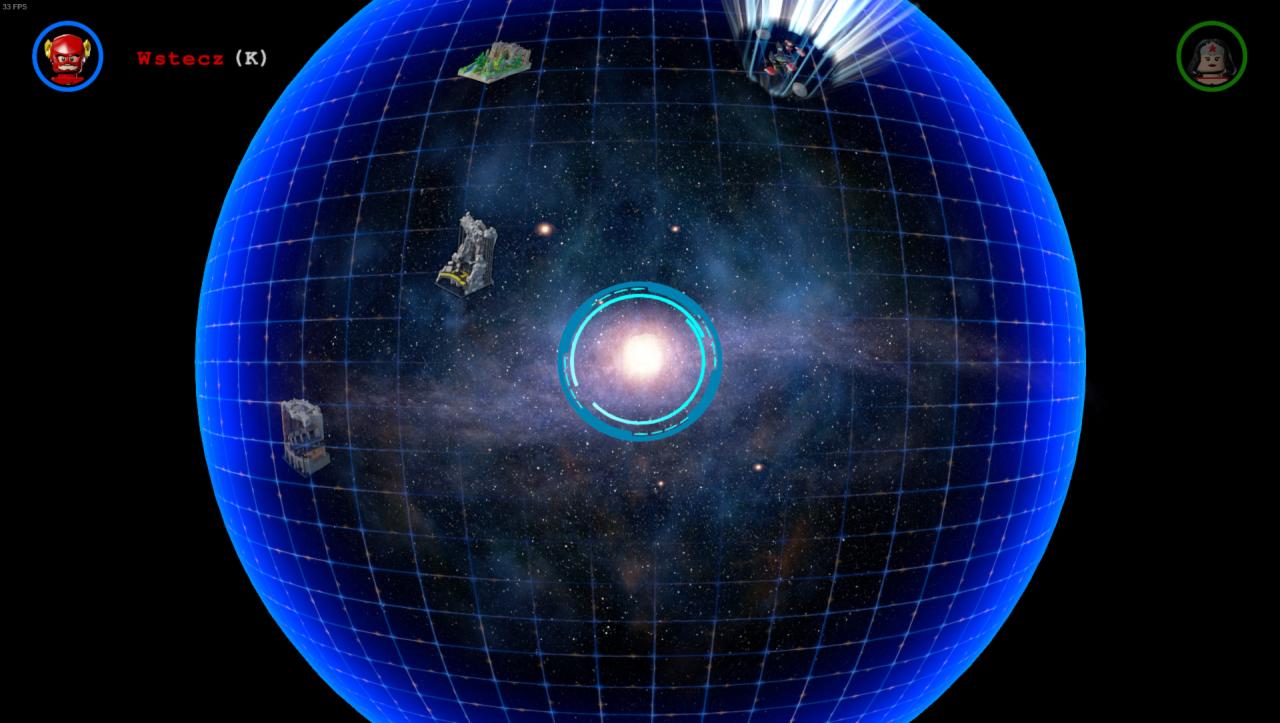 Widok mapy galaktyki z gry Lego, z zaznaczonymi lokacjami i postacią gracza w rogu.