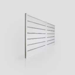 Dwa panele białej, nowoczesnej osłony z poziomymi, szarymi przerwami, ustawione pod kątem na jasnym tle, widoczne odbicie na podłożu.