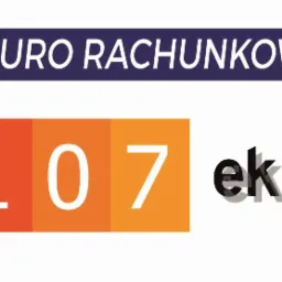 Grafika z napisem 'BIURO RACHUNKOWE' w ciemnoniebieskim prostokącie nad pomarańczowymi kwadratami z numerem '107' i dopiskiem 'ek.pl' z czarnym cieniem, na białym tle.
